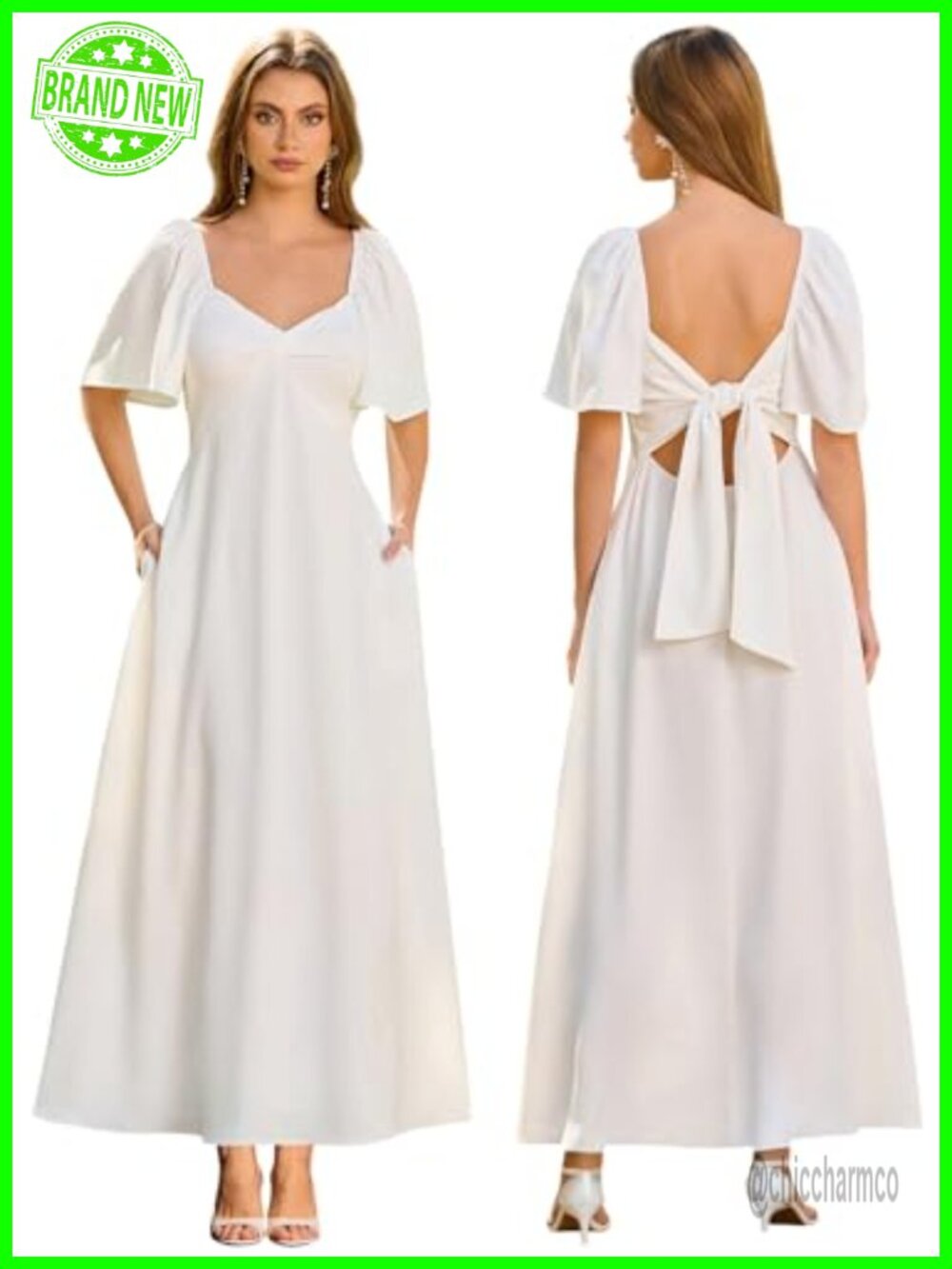 Flowy A-Line Maxi Dress Short Sleeve V-Neck High Waist Ruffle Summer Wedding